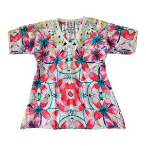 Johnny Was 100% Silk Blouse Women's Small Augustine Barra Dolman Pink Turquoise